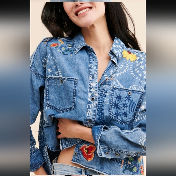Free People We The Free Marrakesh Embroidered Denim Top Medium - Picture 10 of 12